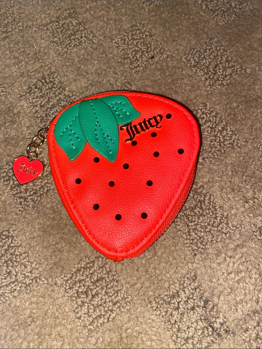 Juicy Couture Red Strawberry Coin Purse with Green Leaf Accent